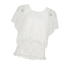 Summer Short Sleeve Blouses Floral Lace Sheer Shirts-White M