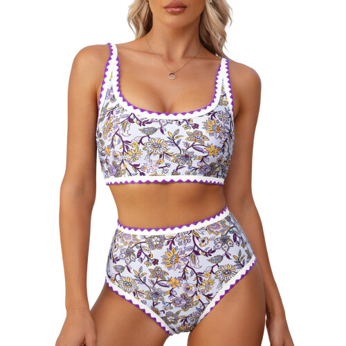 Stylish Printed Tankini Set Soft Polyester Split-Purple M