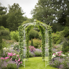 Metalen tuinpaviljoen met koepel en ophanghaak voor een plantenbak.