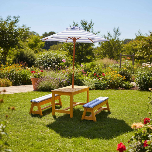 Kinderpicknicktafelset met parasol en kussens 2