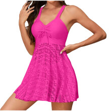 Women's Lace Swim Dress with Bottom Swimsuit Two-rose red L