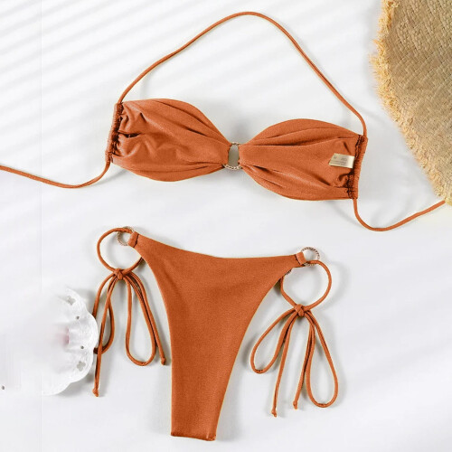 Bathing Suit for Women Halter Ring Linked Tie Side-Dark Blue M 1