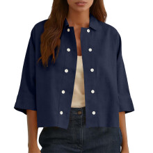 Linen Shirts for Women Soft Cotton Button Down-Navy Blue L