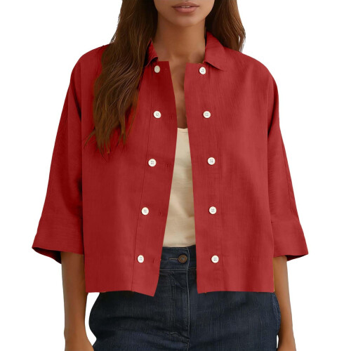 Linen Shirts for Women Soft Cotton Button Down Spring-Red S