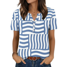Women's T-Shirts, V-Neck, Short Sleeve, Elegant Casual-Blue XL