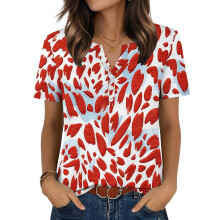 Women's T-Shirts, V-Neck, Short Sleeve, Elegant Casual-Red M