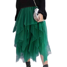 Women's Elegant A Line Tulle Skirt Asymmetric-dark green XL
