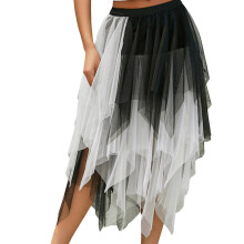 Elastic Waist Layered Irregular Tulle A Line-black and white L