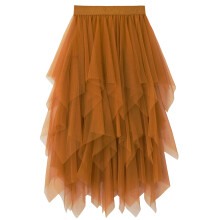 Women's Elegant A Line Tulle Skirt Asymmetric-caramel color S
