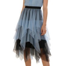 Layered Ruffle Mesh Tulle Long Skirt Flared A-Black and blue XL