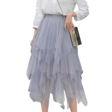 Womens Asymmetric Mesh Tulle Skirt Irregular Midi-Gray XL
