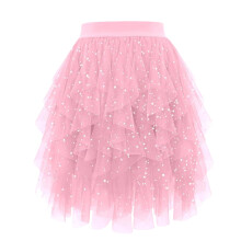 Women Glitter Star Sequins A-Line Layered Ruffled Mesh-Pink M
