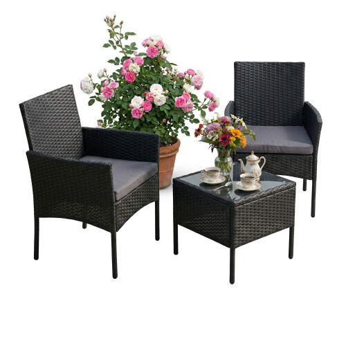 3-Piece Rattan Garden Set with Cushions and Table