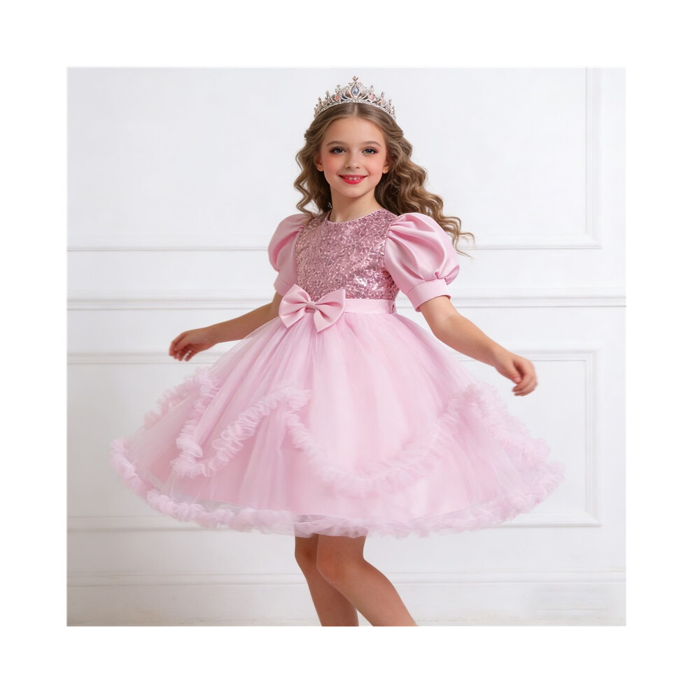 Photos - Fancy Dress Girls' sequined bow mesh puffy princess dress Puff-sleeved evening dress for children's piano performance(Pink, 140cm)