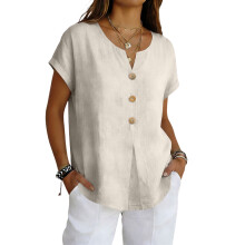 Women's Casual Beach Vacation Loose Button  Blouses -Beige M