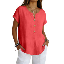 Women's Casual Beach Vacation Loose Button  Blouses -Red L