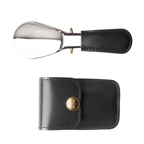 Folding Stainless Steel Shoe Horn with Storage Case PU-Black