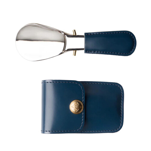 Portable Folding Shoehorn with PU Leather Handle Shoe-Blue