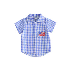 (3-4 Years, Blue) Kid 250th Independence Day Shirt Plaid Print America Flag Embroidery Short Sleeve Lapel Button Down Tops
