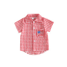 (18-24 Months, Red) Kid 250th Independence Day Shirt Plaid Print America Flag Embroidery Short Sleeve Lapel Button Down Tops