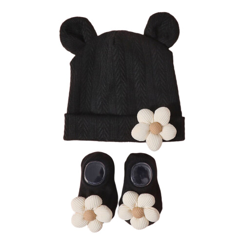 Newborn Knit Hat & Socks Set Soft Polyester Cotton Blend-Black