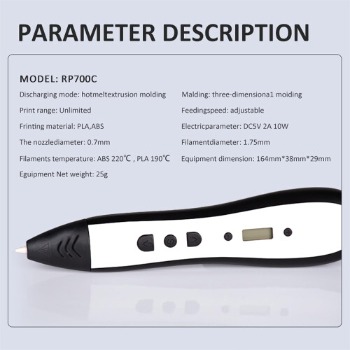 RP700C 3D Printing Pen Adjustable Speed Temp Compatible with PLA ABS Filament 1
