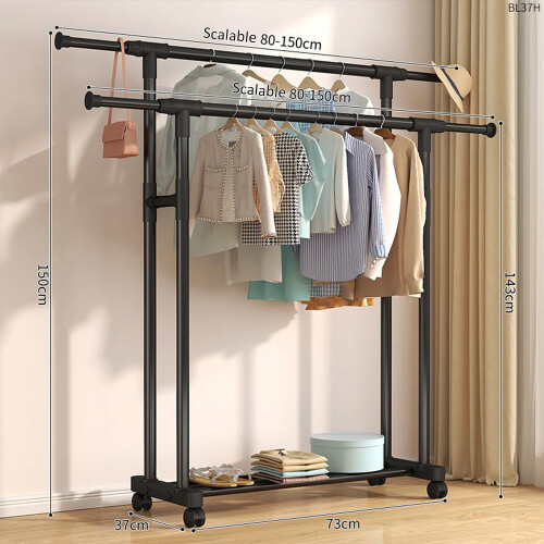 Clothes Rail Double Rod Clothes Rack & Fixed Extension Rod Display Satorage 2