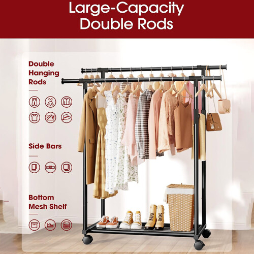 Clothes Rail Double Rod Clothes Rack & Fixed Extension Rod Display Satorage 1