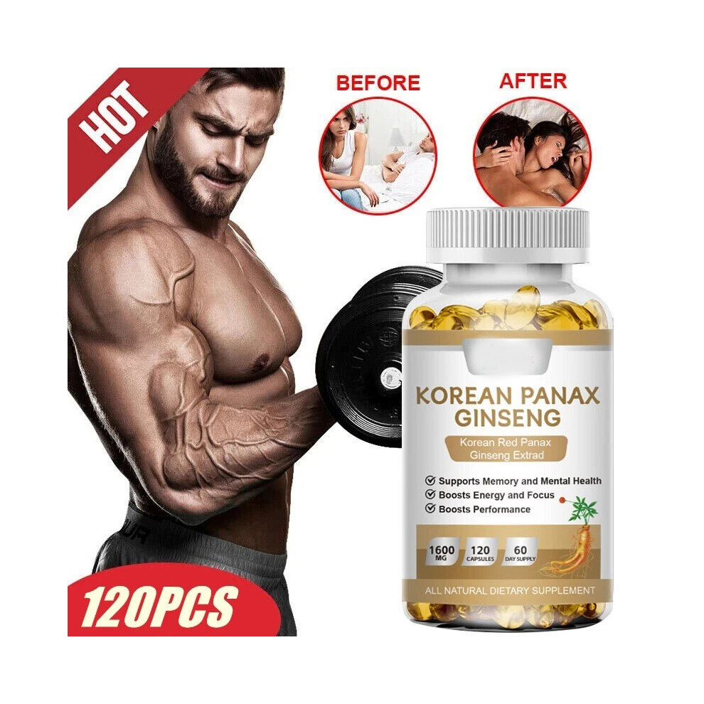 Red (1 Bottle) Korean Panax Ginseng - 120 Capsules - Extra Strength 1600Mg Highest Potency
