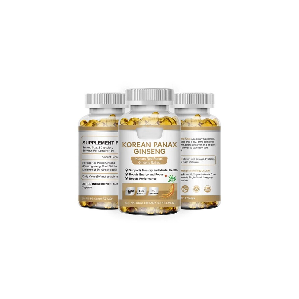 Red (3 Bottles) Korean Panax Ginseng - 120 Capsules - Extra Strength 1600Mg Highest Potency