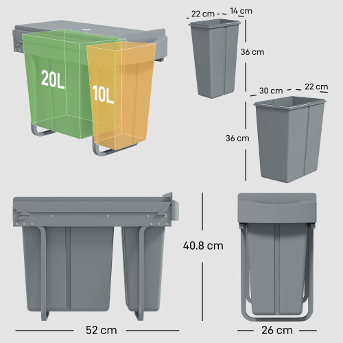Homcom HOMCOM Under-Sink Kitchen Trash Bin, 2 Removable Recycling Containers, Grey 2