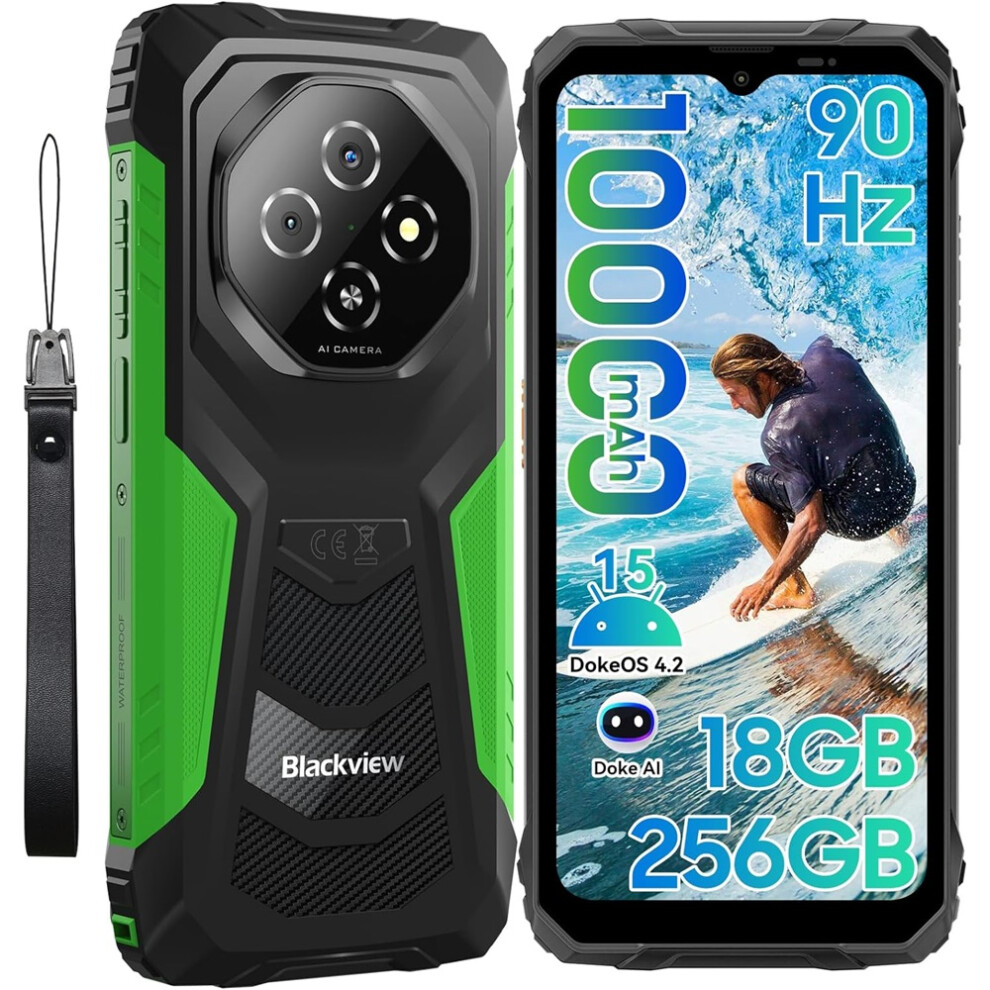 Blackview (Green) Fort 1 Rugged Phone Android 15, 18Gb 256Gb 10000Mah Battery Rugged Smartphone Unlocked, 6.56 Inch 90Hz, Black/Green/Orange Green