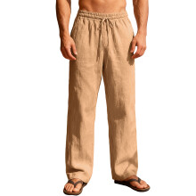 Men's Linen Pants Casual Beach Summer Pant Elastic-Yellow S