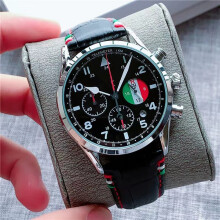 A sophisticated and stylish men's casual quartz watch with a genuine leather strap, black and white dial, automatic date display, multi-function_