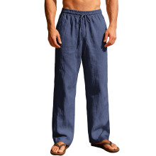 Men's Linen Pants Casual Beach Summer Pant Elastic-Navy blue XL