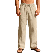 Men's Linen Pants Casual Beach Summer Pant Elastic-Khaki XXXL