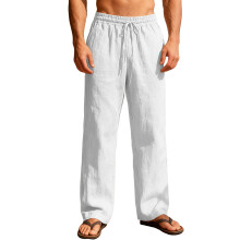 Men's Linen Pants Casual Beach Summer Pant Elastic-White S