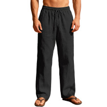 Men's Linen Pants Casual Beach Summer Pant Elastic-Black L