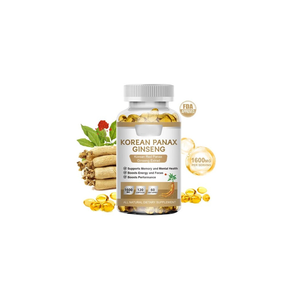Red (1 Bottle) Korean Panax Ginseng - 120 Capsules - Extra Strength 1600Mg Highest Potency