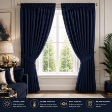 (Blue Navy, 66" X 54" OR 168cm X 137cm) 100% Blackout Curtains Thermal Insulated Pencil Pleat Curtain Pair with Tiebacks