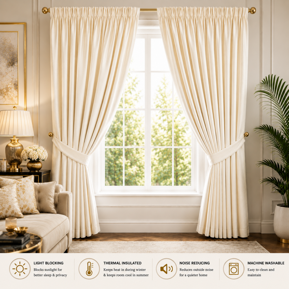 Oxford Homeware (, 66" X 72" Or 168Cm X 183Cm) 100% Blackout Curtains Thermal Insulated Pencil Pleat Curtain Pair With Tiebacks Cream