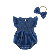 (3-6 Months, Blue) Baby Girls Summer Denim Romper Sweet Flutter Sleeve Shirred Bodysuit with Bow Headband