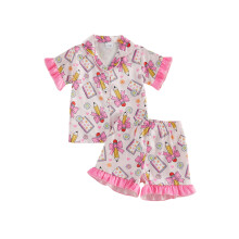 (12-18 Months, Pink) Girls Back to School Pajamas Set Short Sleeve Button Down Floral Bow Pencil Print Shirt Shorts Sleepwear