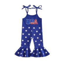 (5-6 Years, Sky Blue) Toddler Girl Independence Day Romper Letter Embroidery Stars Print Sleeveless Tie-Up Jumpsuit Patriotic Bell Bottoms