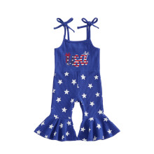 (3-4 Years, Blue) Toddler Girl Independence Day Romper Letter Embroidery Stars Print Sleeveless Tie-Up Jumpsuit Patriotic Bell Bottoms