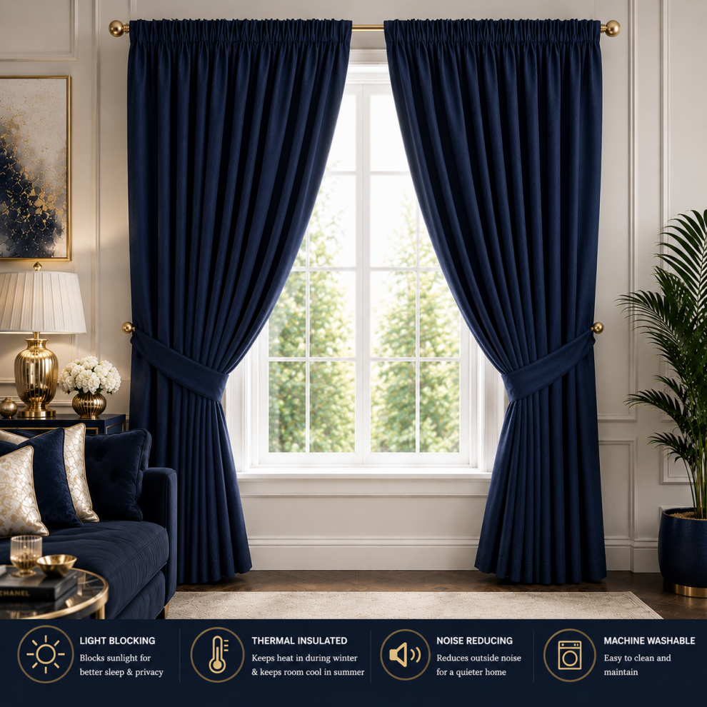 Oxford Homeware (66" X 84" (168Cm X 213Cm)-Door Curtain, Navy Pencil Pleat) 100% Blackout Curtains Plain Pencil Pleat & Ringtop Curtain Pair With Tiebacks Blue
