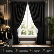 (66" x 90" (168cm x 228cm), Black Pencil Pleat) 100% Blackout Curtains Plain Pencil Pleat & Ringtop Curtain Pair with Tiebacks