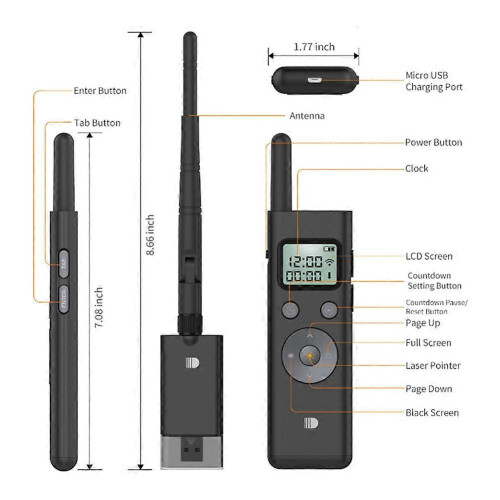 Télécommande sans fil pour présentations PowerPoint (PPT) avec écran LCD, voyant vert et télécommande RF._M 1
