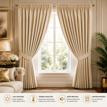 (66" x 84" (168cm x 213cm)-Door Curtain, Beige Pencil Pleat) 100% Blackout Curtains Plain Pencil Pleat & Ringtop Curtain Pair with Tiebacks