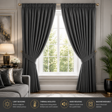 (66" x 84" (168cm x 213cm)-Door Curtain, Dark Grey Pencil Pleat) 100% Blackout Curtains Plain Pencil Pleat & Ringtop Curtain Pair with Tiebacks